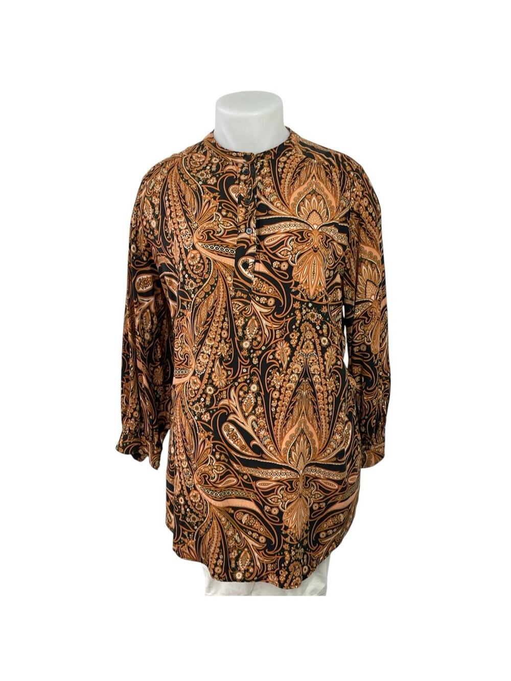 Richard Allen X H&M Women Black Brown Paisley Long Sleeve Button Tunic Blouse 14